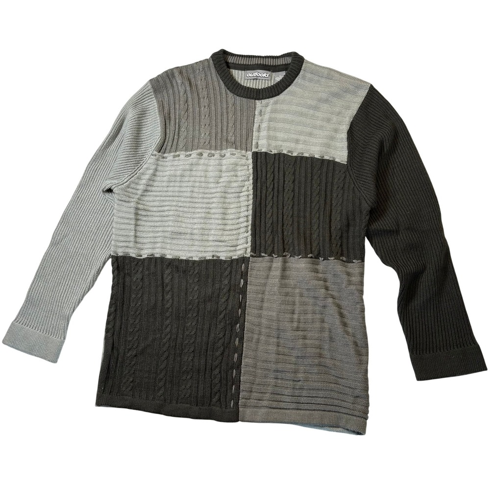 Outlooks Womens XL‎ Patchwork Cable Knit Sweater Gray Colorblock Crewneck Grunge